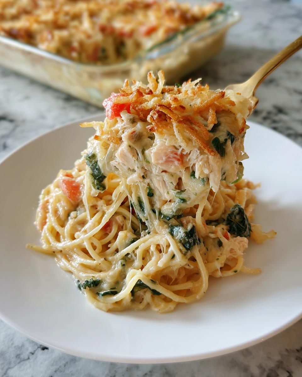 A fork lifting a cheesy serving of Monterey chicken spaghetti topped with crispy onions.