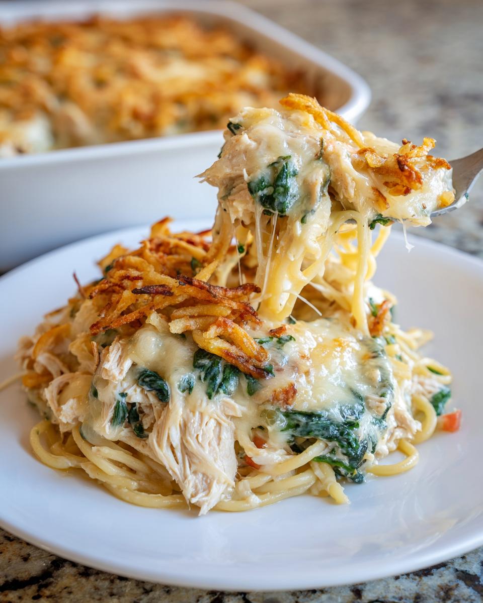 A fork lifting a cheesy, creamy serving of Monterey chicken spaghetti topped with crispy onions.
