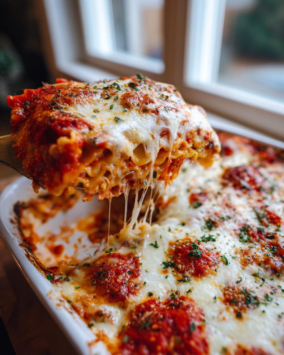 A serving of cheesy pizza casserole being lifted out of the baking dish, showing long cheese pulls and melted mozzarella.