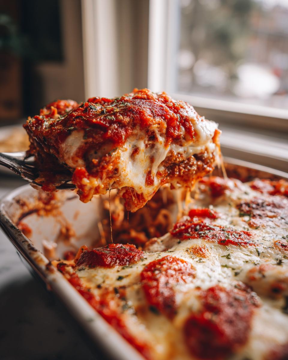 A gooey slice of pizza casserole being lifted out of the baking dish, showing melted cheese strings.
