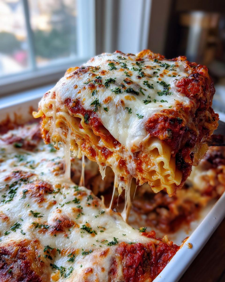 A gooey, cheesy slice of pizza casserole being lifted from the baking dish, showing melted mozzarella and parsley.