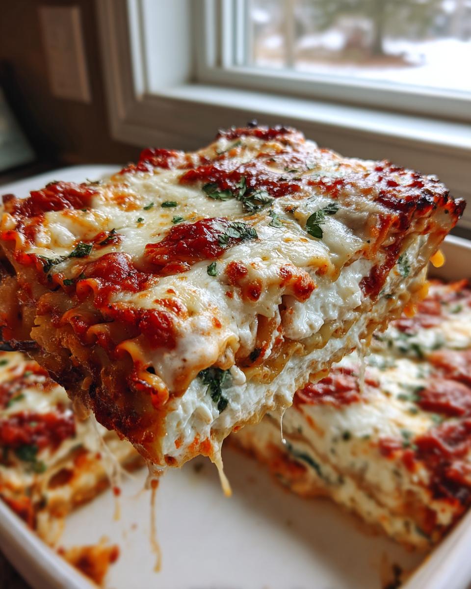 A gooey, cheesy slice being lifted from a pan of amazing 15-Min pizza casserole, showing layers of ricotta and sauce.