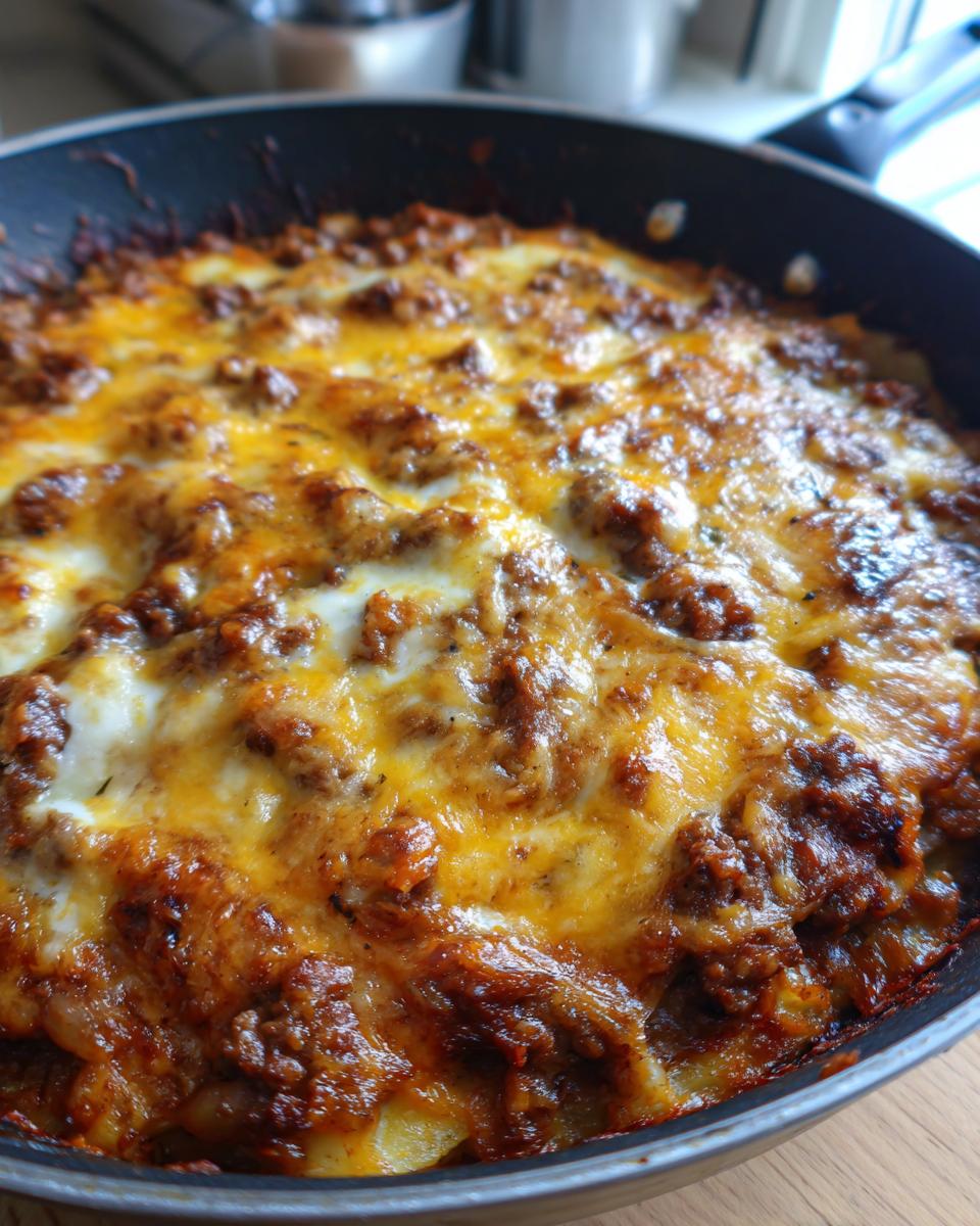 Close-up of baked Cheesy Taco Potatoes topped with melted cheddar and seasoned ground meat in a black skillet.