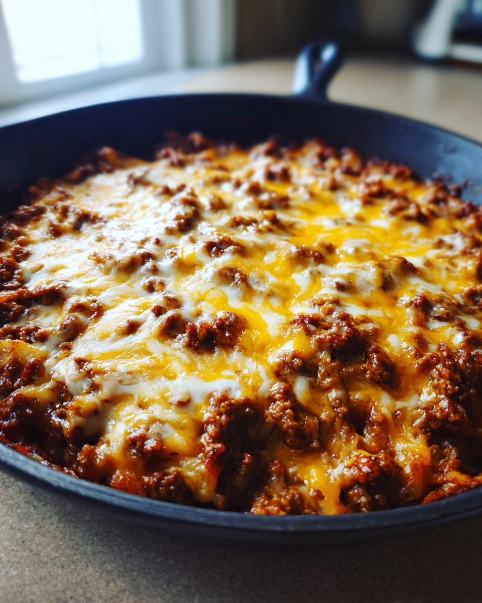 Close-up of Cheesy Taco Potatoes topped with melted cheddar and Monterey Jack cheese in a cast iron skillet.