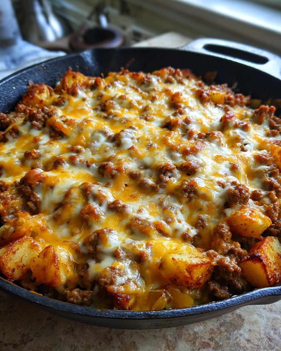Close-up of Cheesy Taco Potatoes topped with melted cheddar and Monterey Jack cheese in a cast iron skillet.