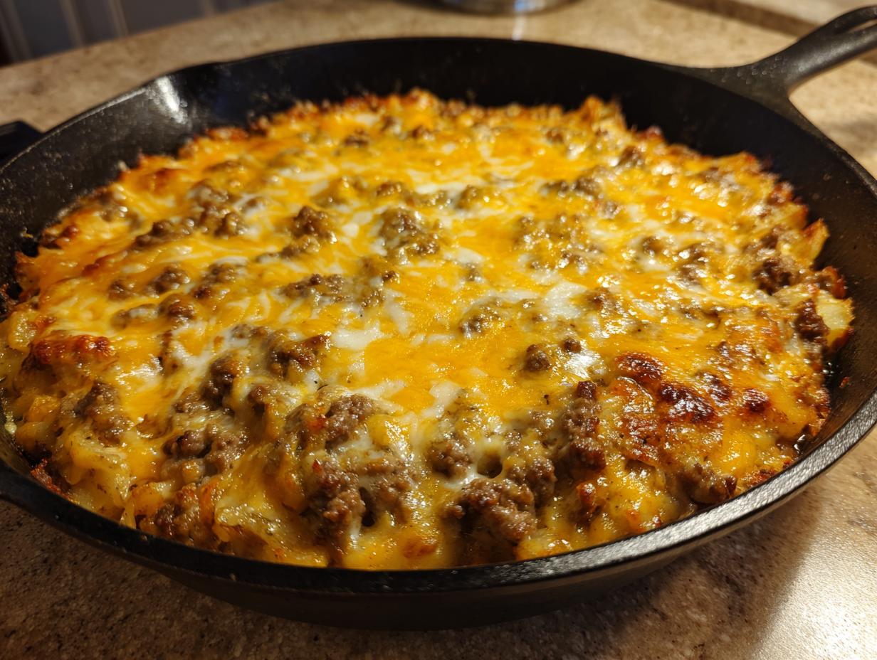 Close-up of baked Cheesy Taco Potatoes topped with melted cheddar and ground meat in a black cast iron skillet.