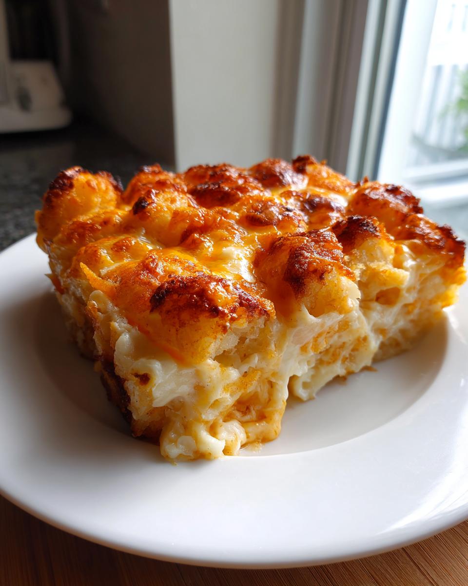 A generous slice of cheesy tater tot casserole with a golden brown, bubbly top served on a white plate.