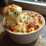 A spoonful of cheesy dip made with white pizza sauce being lifted, showing a dramatic cheese pull.