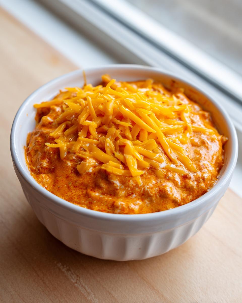 A white bowl filled with creamy, orange chili cheese dip topped with shredded cheddar cheese.