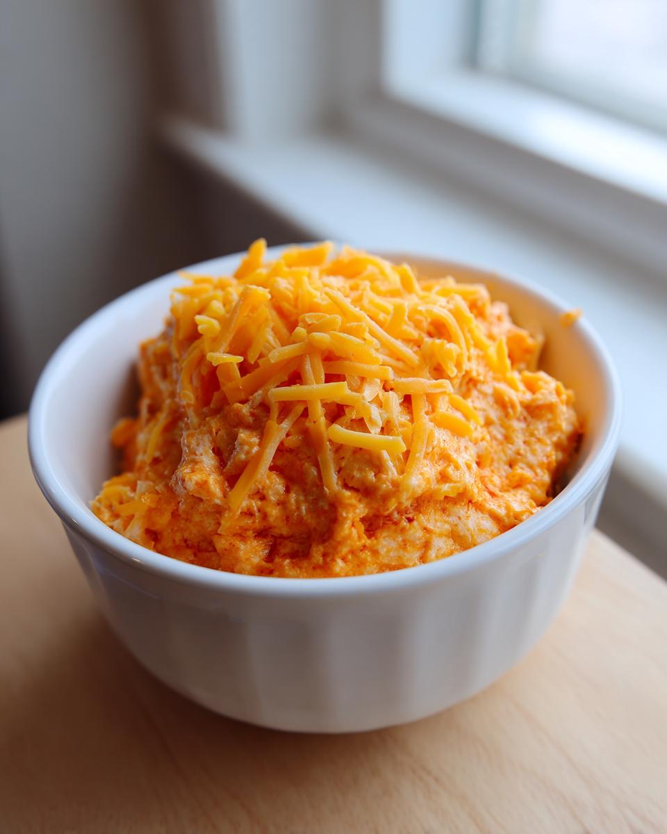 A white bowl filled with creamy orange chili cheese dip, generously topped with shredded cheddar cheese.