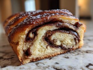 A close-up cross-section of a freshly baked chocolate babka showing rich chocolate swirls and a shiny, glazed top.