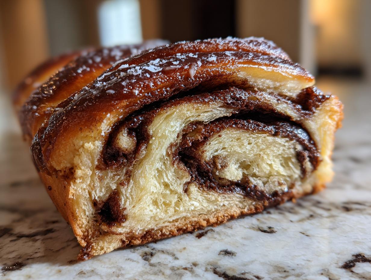 A close-up cross-section of a freshly baked chocolate babka showing rich chocolate swirls and a shiny, glazed top.