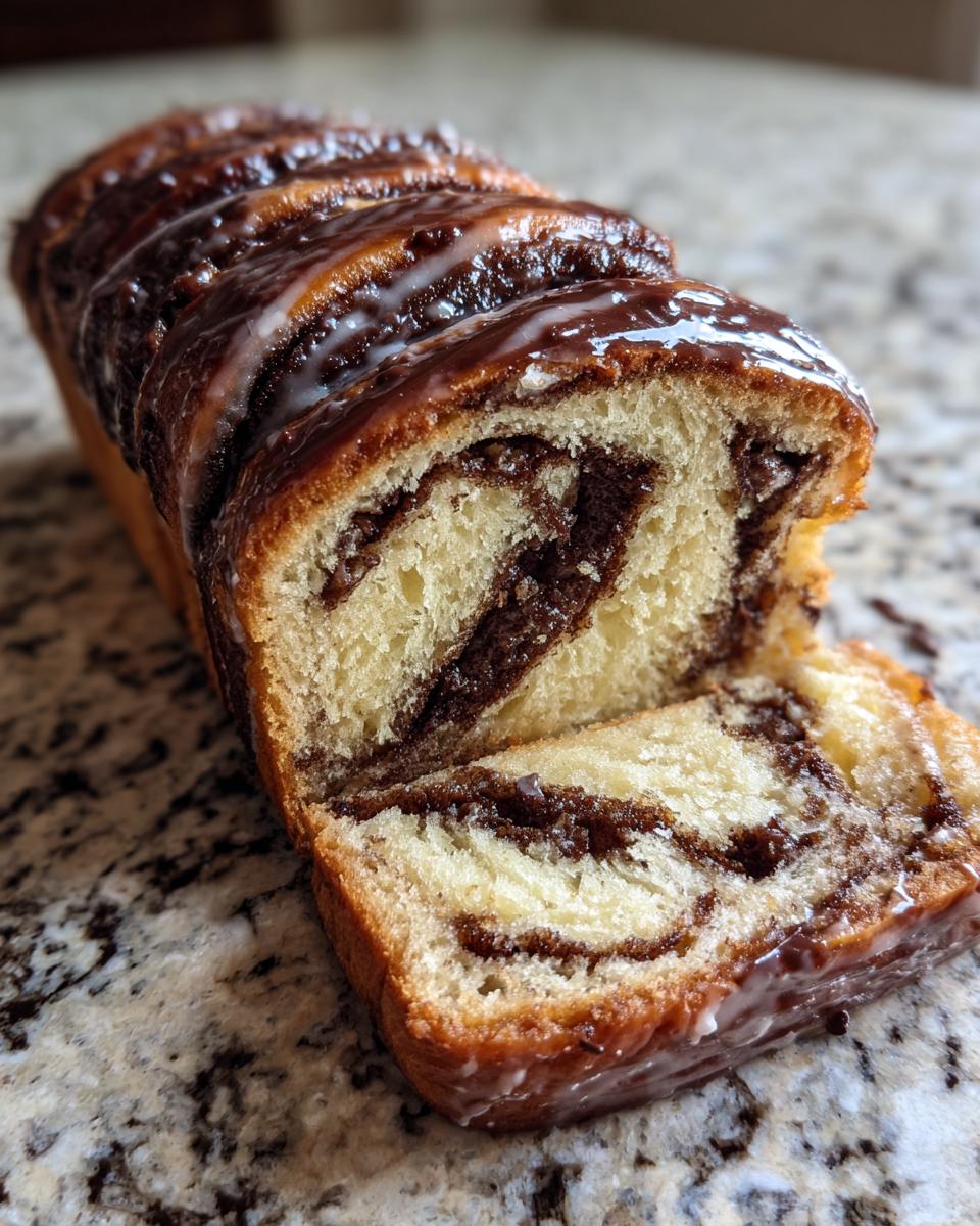 A freshly baked chocolate babka loaf, partially sliced, showing rich chocolate swirls and a sweet white glaze.