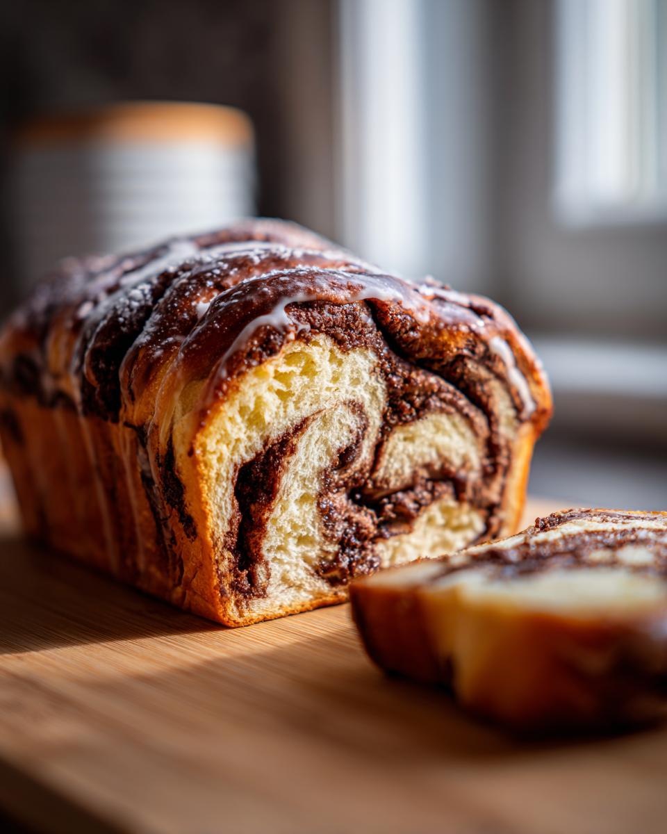 A freshly baked chocolate babka loaf, sliced to show the rich swirl of chocolate filling, drizzled with white icing.