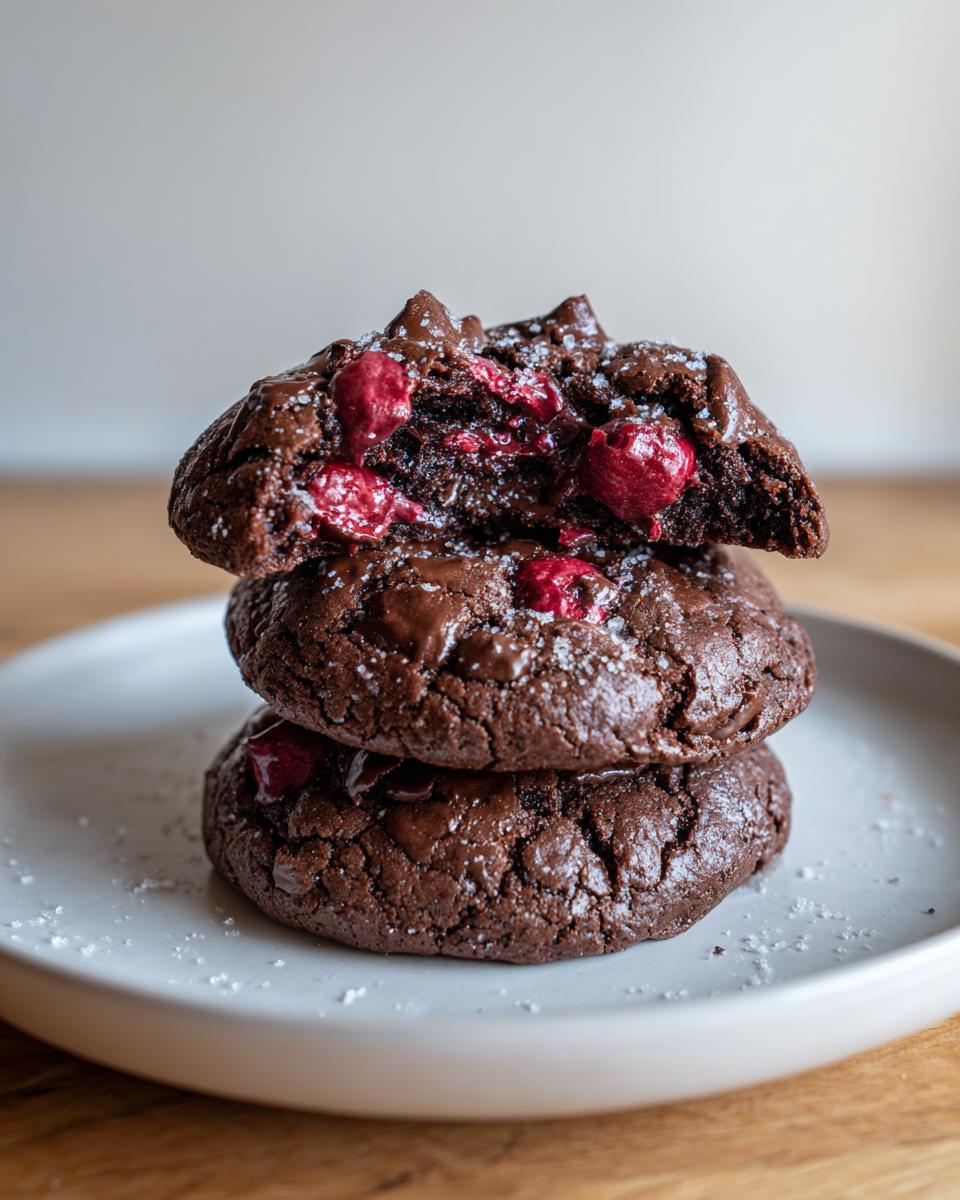 A stack of three fudgy chocolate cherry cookies, with the top one broken open to show melted chocolate and bright red cherries.
