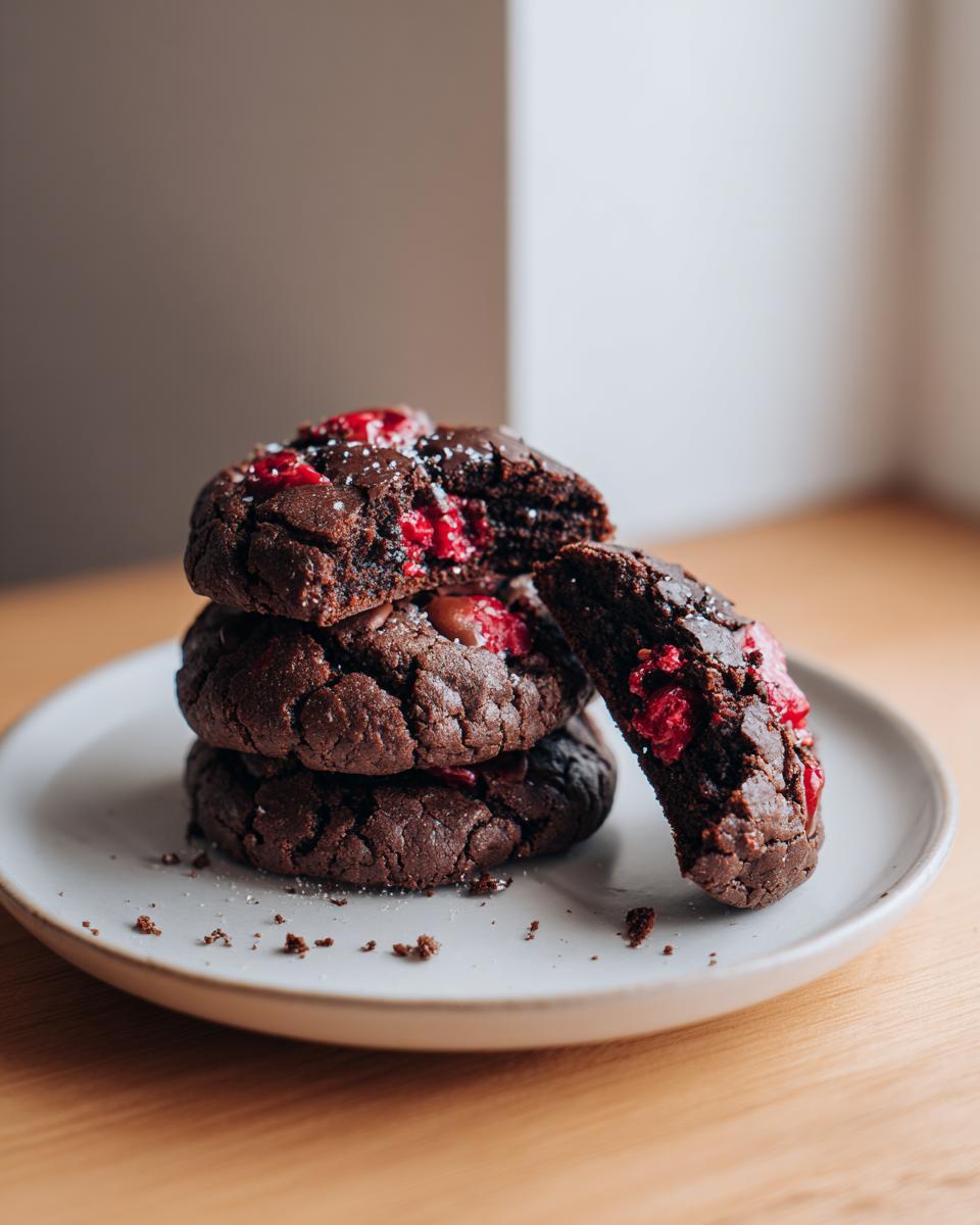 A stack of rich, dark chocolate cherry cookies, with one cookie broken in half showing the bright red cherry filling.