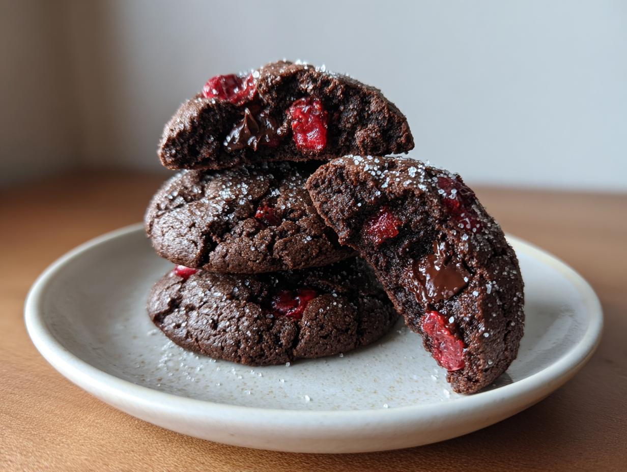 A stack of rich, dark chocolate cherry cookies, one broken open to show gooey chocolate and bright red cherries.