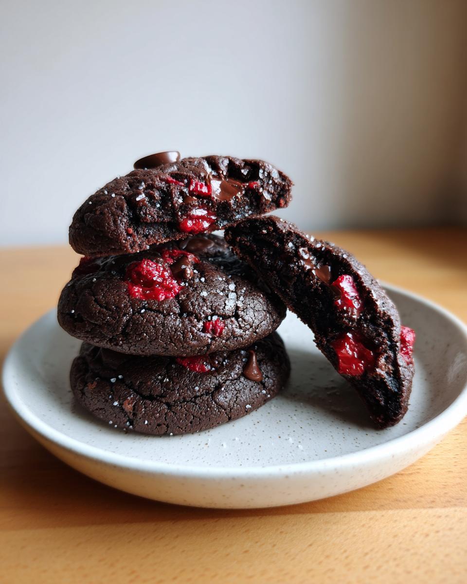 A stack of rich, dark chocolate cherry cookies, one broken open to show melted chocolate and bright red cherries inside.
