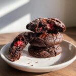 A stack of rich, dark chocolate cherry cookies, one broken open to show the gooey cherry filling.