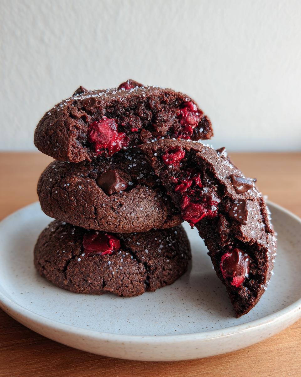 Stack of three fudgy chocolate cherry cookies, with the top one broken to show the gooey cherry filling inside.