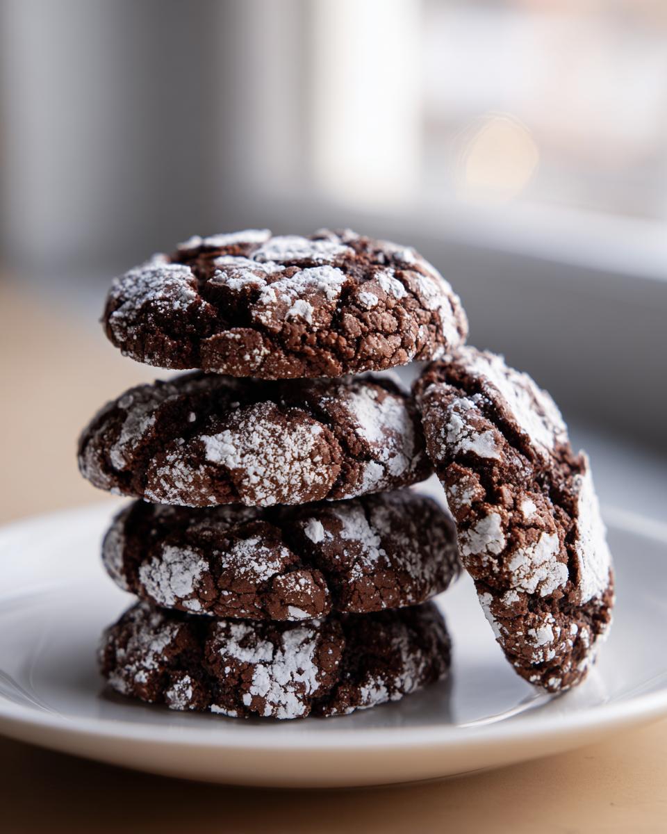 A stack of four dark, fudgy chocolate crinkle cookies dusted heavily with white powdered sugar on a white plate.