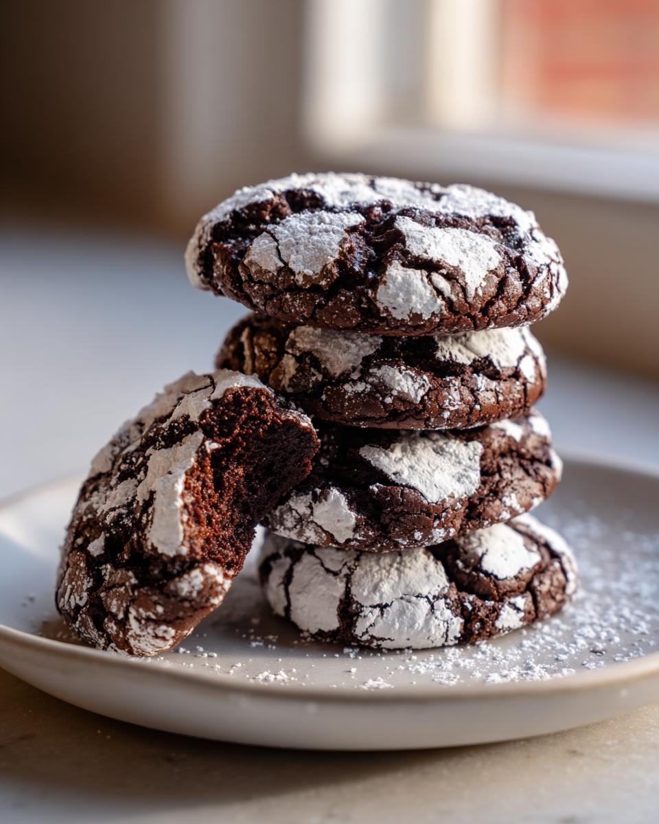 A stack of four fudgy chocolate crinkle cookies dusted heavily with powdered sugar, one cookie broken open.