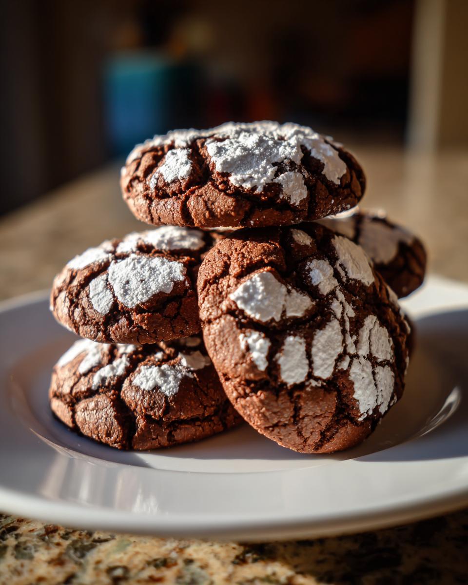 A small stack of freshly baked chocolate crinkle cookies generously dusted with white powdered sugar, sitting on a white plate.