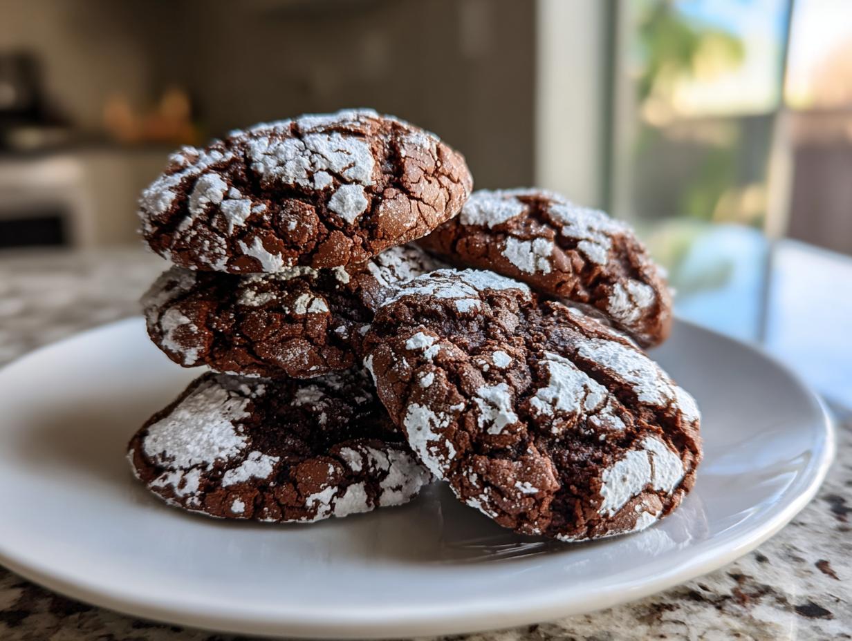 A stack of rich, dark chocolate crinkle cookies heavily dusted with white powdered sugar on a white plate.