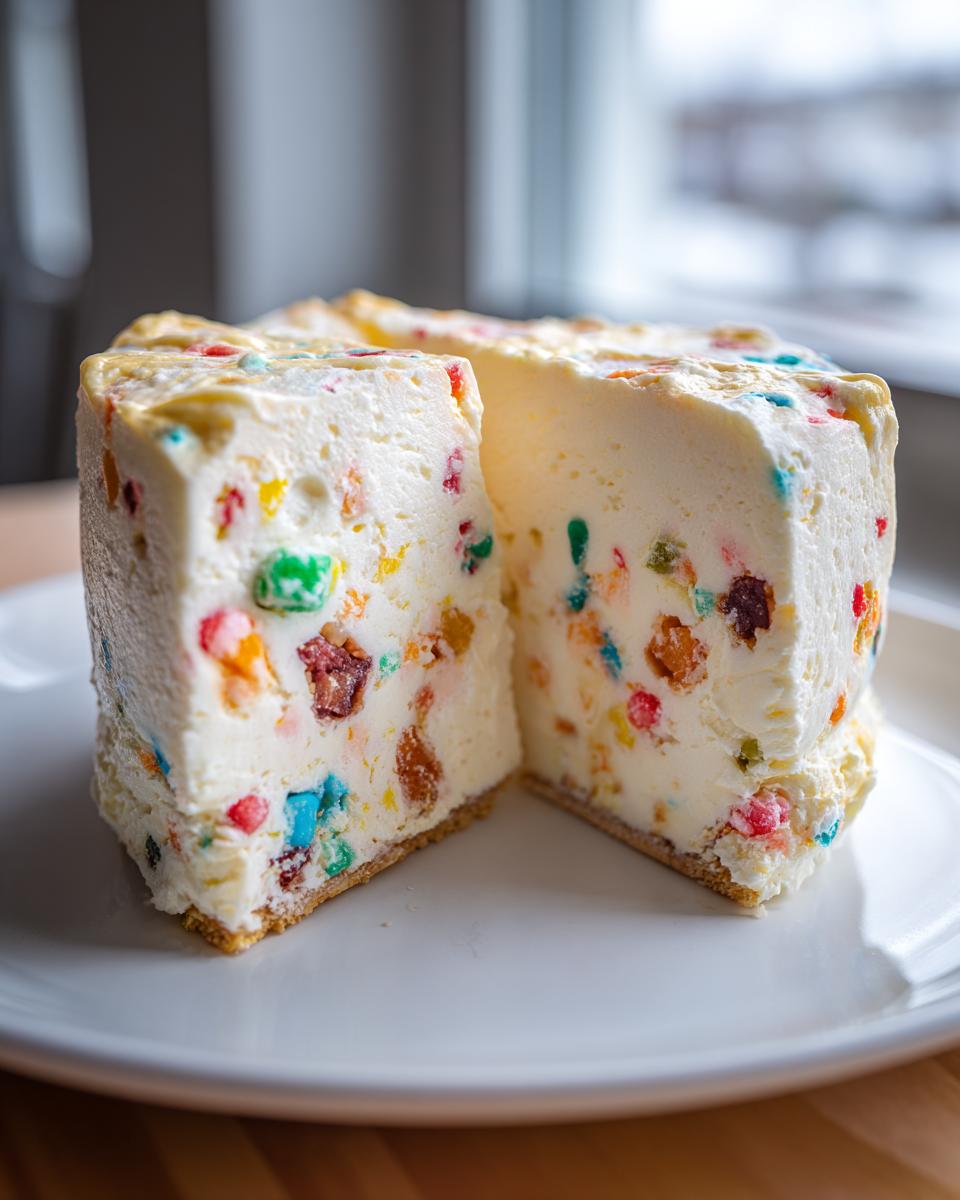 A cross-section view of a creamy white christmas tree cheesecake studded with colorful candies on a white plate.