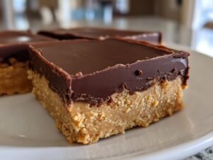A close-up view of a single, thick peanut butter bars square topped with a smooth layer of dark chocolate.