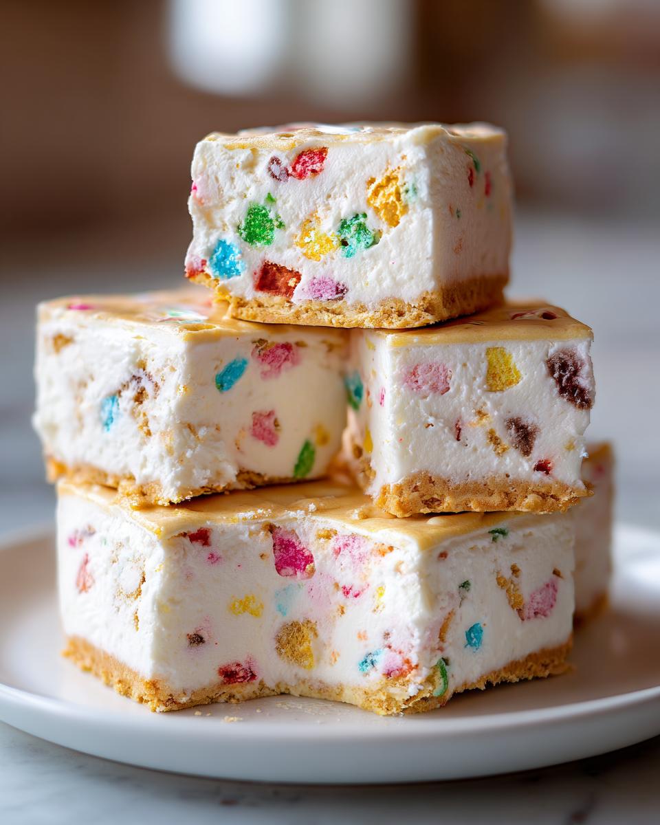 Stack of four squares of no-bake christmas tree cheesecake with colorful candy pieces mixed into the white filling.