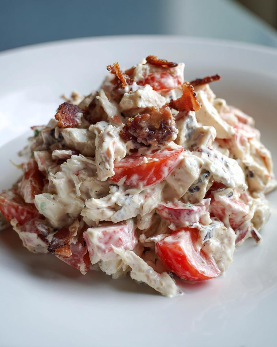 A mound of creamy blt chicken salad featuring chunks of chicken, bright red tomatoes, and topped with crispy bacon pieces.