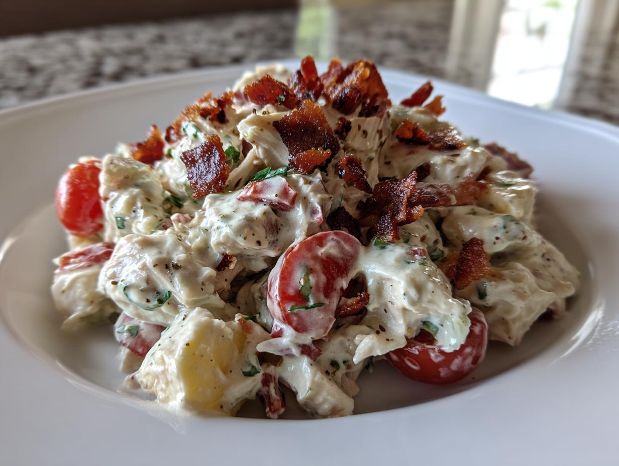 Close-up of creamy blt chicken salad mixed with cherry tomatoes and topped with crumbled bacon.