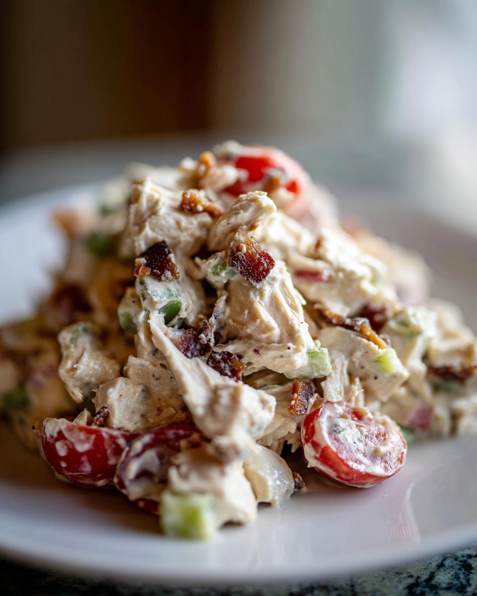 A close-up, macro shot of creamy blt chicken salad featuring shredded chicken, crispy bacon bits, celery, and halved cherry tomatoes on a white plate.
