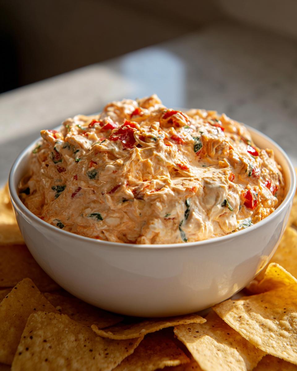 A close-up of creamy, orange-hued boat dip mixed with red peppers and herbs, served in a white bowl surrounded by tortilla chips.