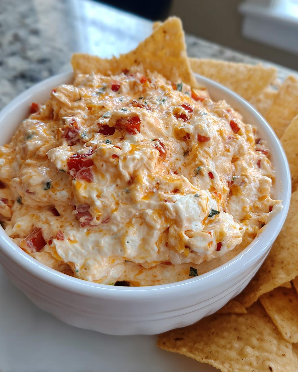 Close-up of creamy, cheesy boat dip mixed with red peppers in a white bowl, surrounded by tortilla chips.