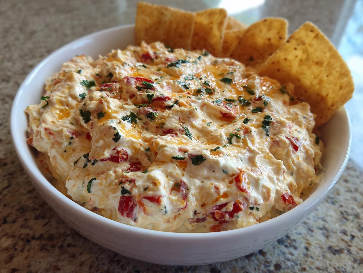 A close-up of creamy, cheesy boat dip mixed with red peppers and topped with parsley, served with tortilla chips.