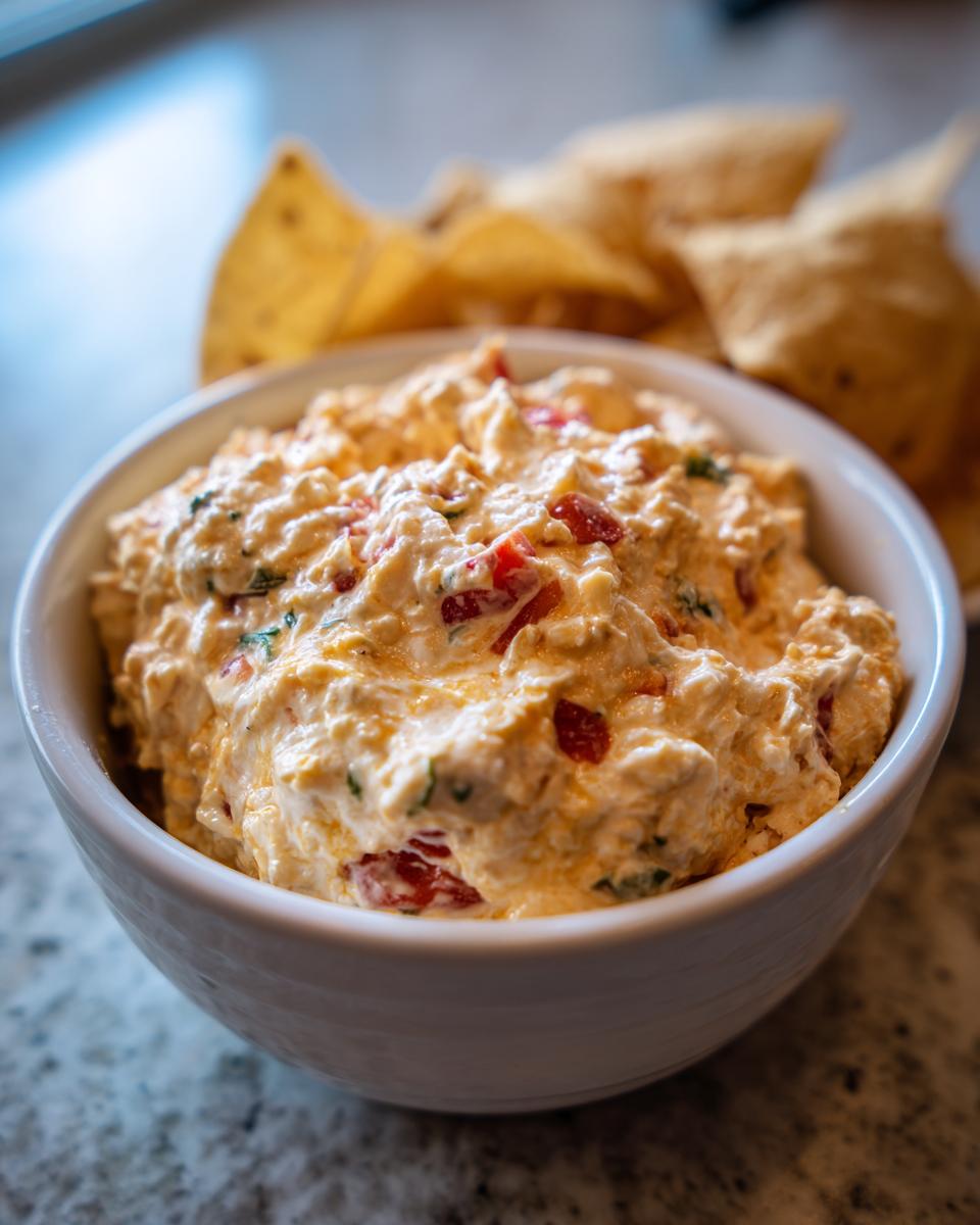 Close-up of a white bowl filled with creamy, cheesy boat dip mixed with red peppers and herbs, served with tortilla chips.