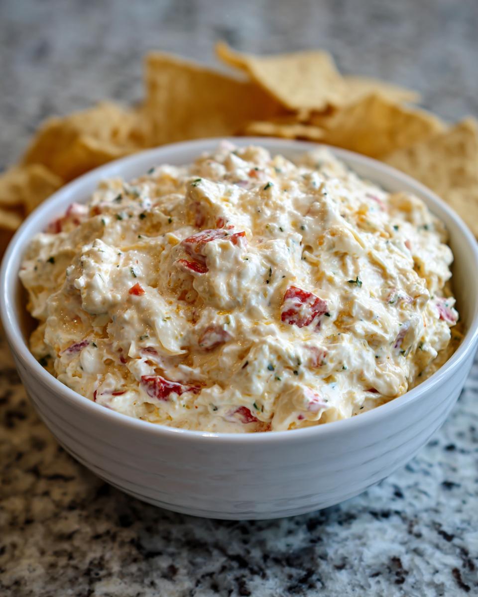 Close-up of a creamy, cheesy boat dip loaded with red peppers and herbs, served in a white bowl with tortilla chips in the background.