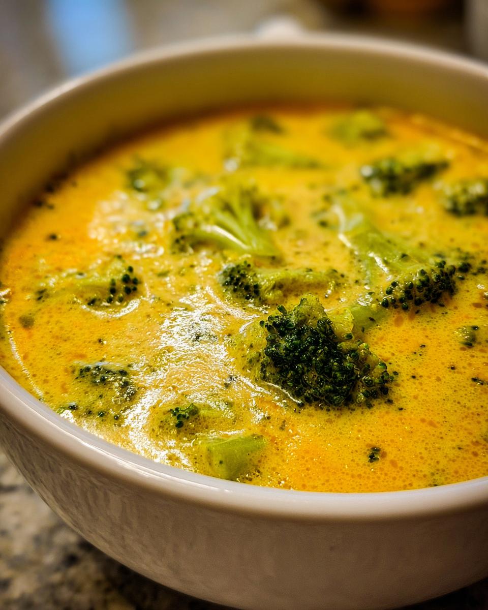 Close-up of a thick, vibrant orange-yellow bowl of homemade broccoli cheddar soup with visible florets.