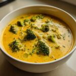 Close-up of a bowl filled with vibrant, creamy yellow broccoli cheddar soup featuring large florets of green broccoli.