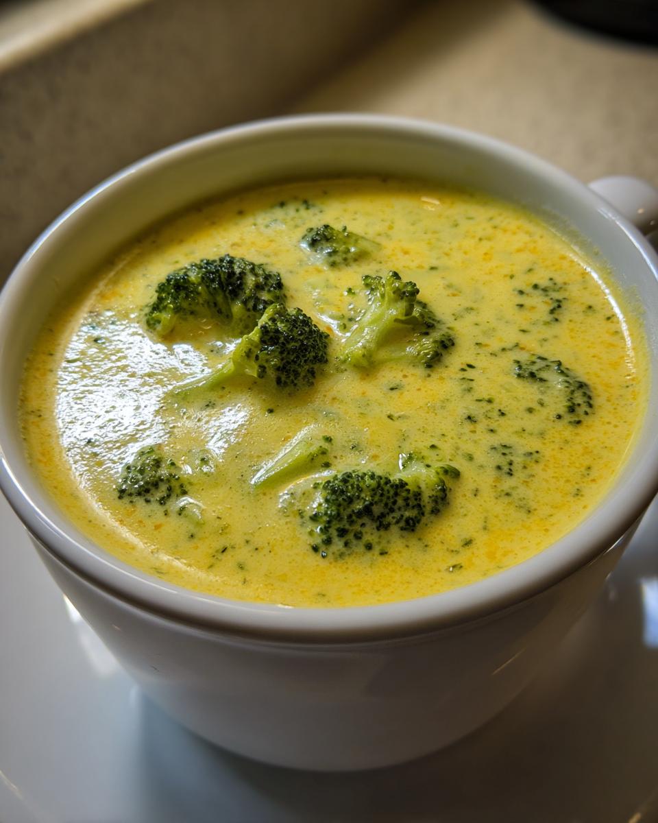 Close-up of a white mug filled with rich, yellow broccoli cheddar soup topped with florets.