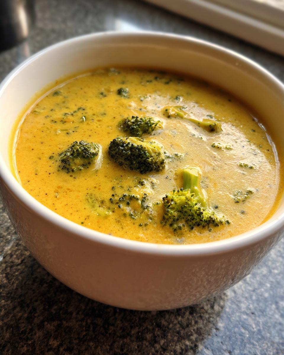 Close-up of a white bowl filled with thick, creamy, yellow broccoli cheddar soup featuring visible florets of green broccoli.