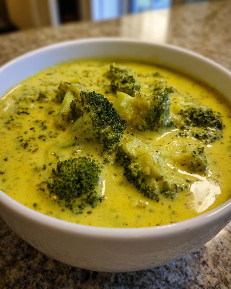 Close-up of a bowl filled with thick, yellow broccoli cheddar soup featuring large florets of bright green broccoli.