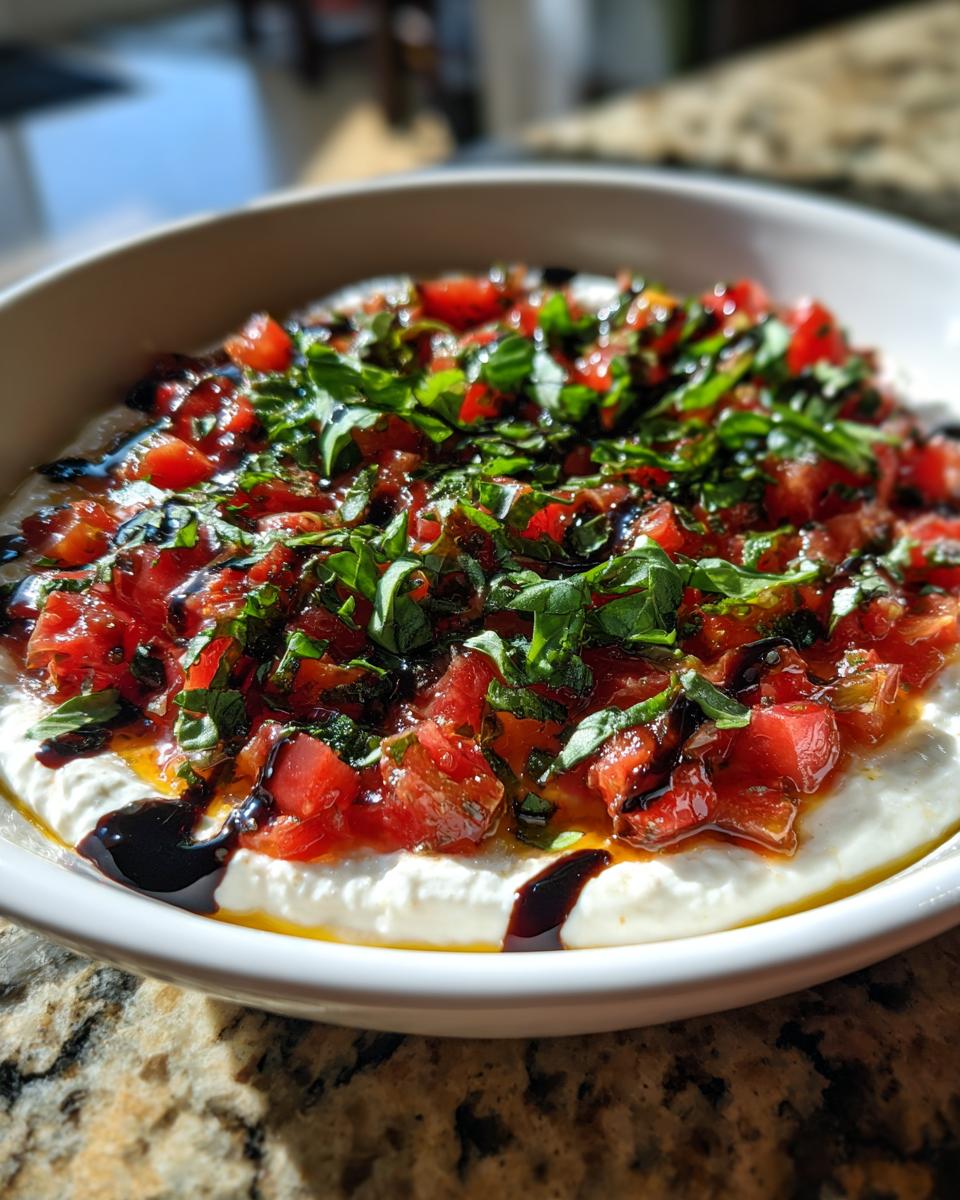 A bowl of creamy bruschetta dip topped with diced tomatoes, fresh basil, and a balsamic glaze drizzle.