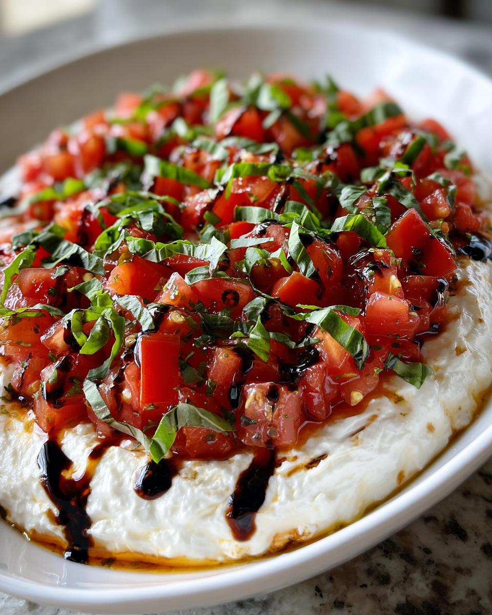 A close-up of a creamy white base topped with diced tomatoes, fresh basil, and a balsamic glaze, showcasing the delicious bruschetta dip.