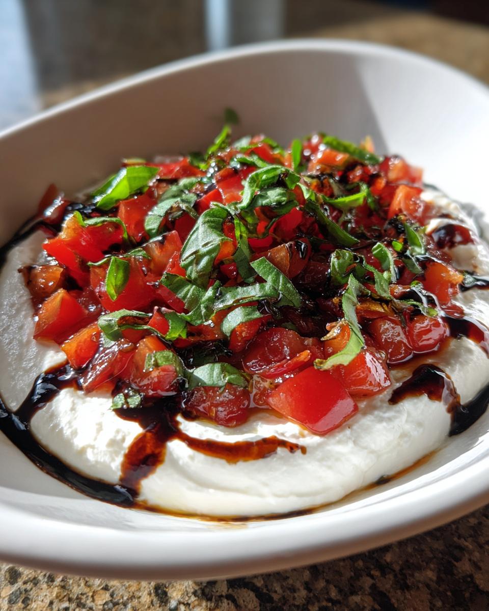 Close-up of creamy cheese topped with diced tomatoes, fresh basil, and balsamic glaze for bruschetta dip.