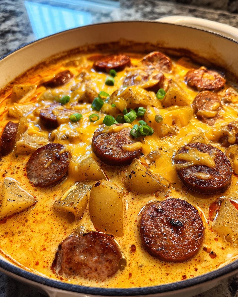 Close-up of creamy Cajun potato soup loaded with sliced smoked sausage and melted cheese, garnished with green onions.