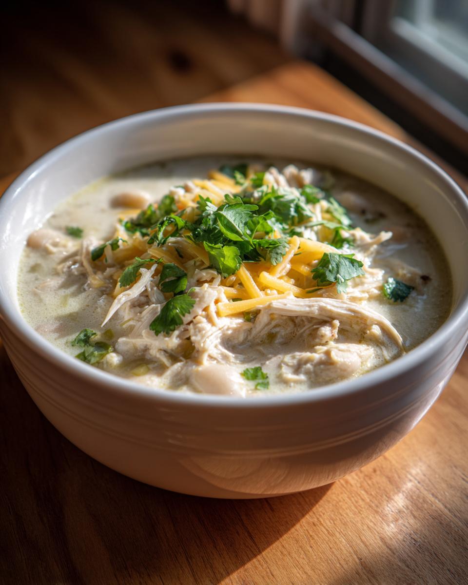 Close-up of a white bowl filled with creamy white chicken chili, topped with shredded cheese and fresh cilantro.