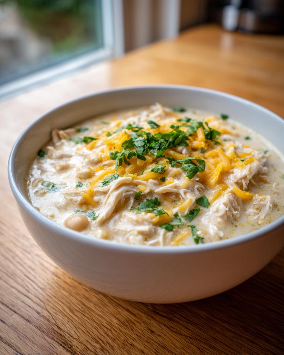 A close-up of a bowl of creamy white chicken chili topped with shredded cheddar cheese and fresh parsley.